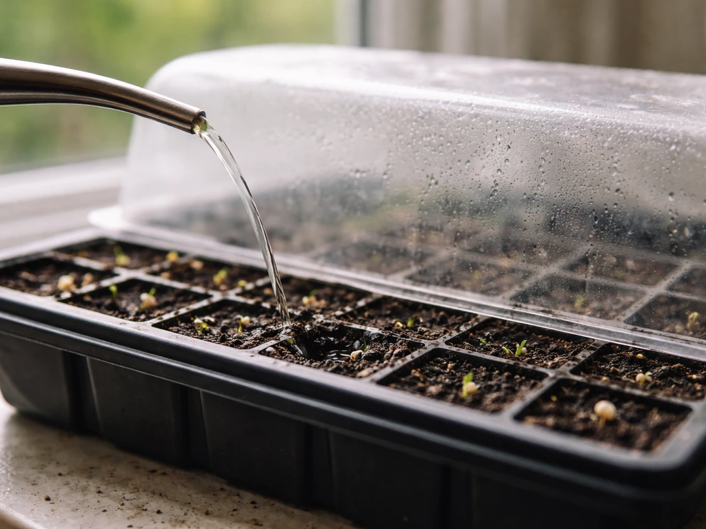 Close-up of vegetable seeds in a seed-starting tray under gentle watering and cover