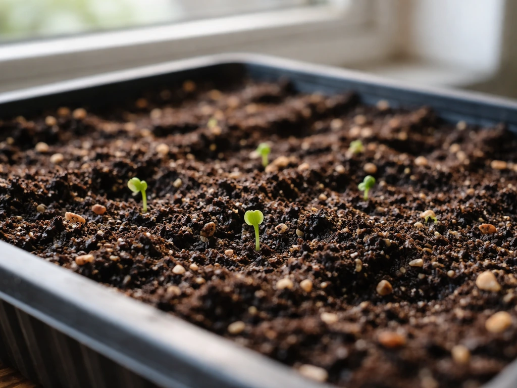 Closeup of herb seeds in a seed-starting tray with small sprouts and moist soil
