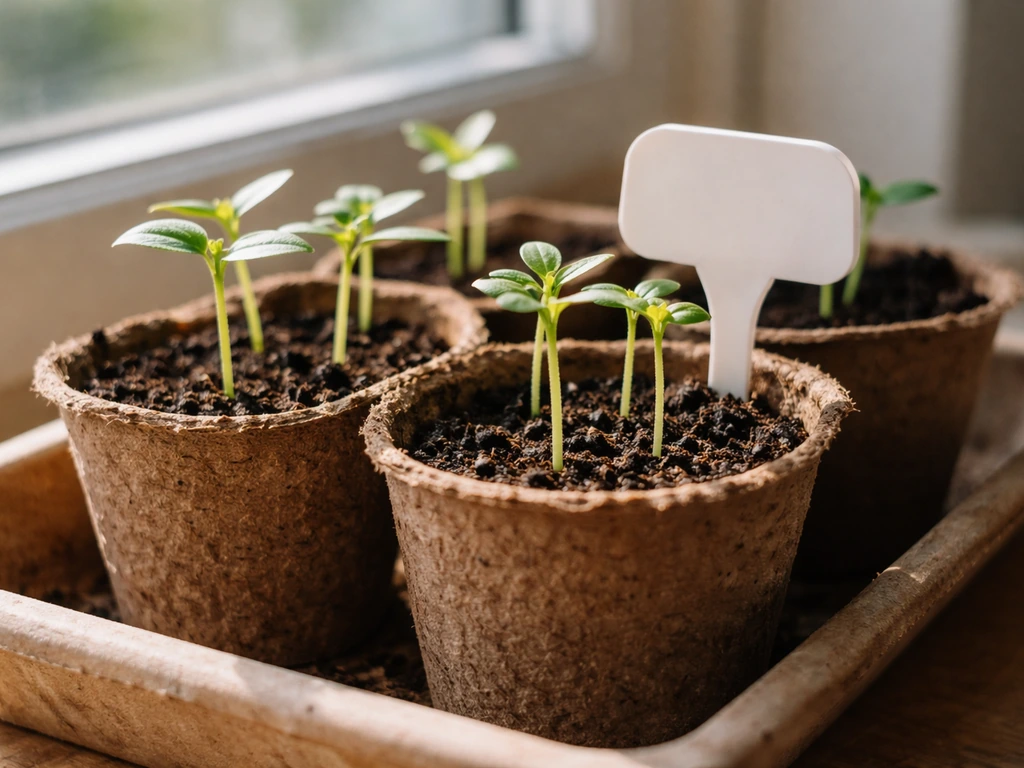 Annual flower seedlings in small pots, soil visible, natural light suggesting early growth toward blooming