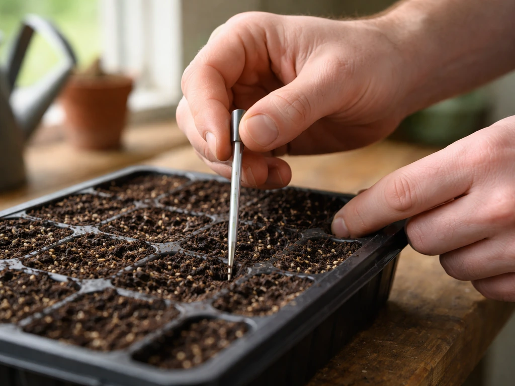 Hands placing a soil thermometer probe into seed-starting mix in a small tray by a window