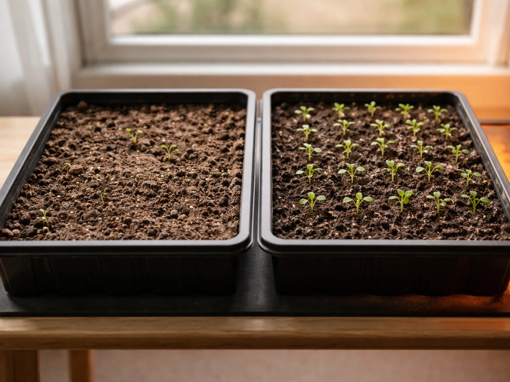Indoor seed tray showing uneven failed sprouts next to a warm-corrected tray with healthier seedlings.