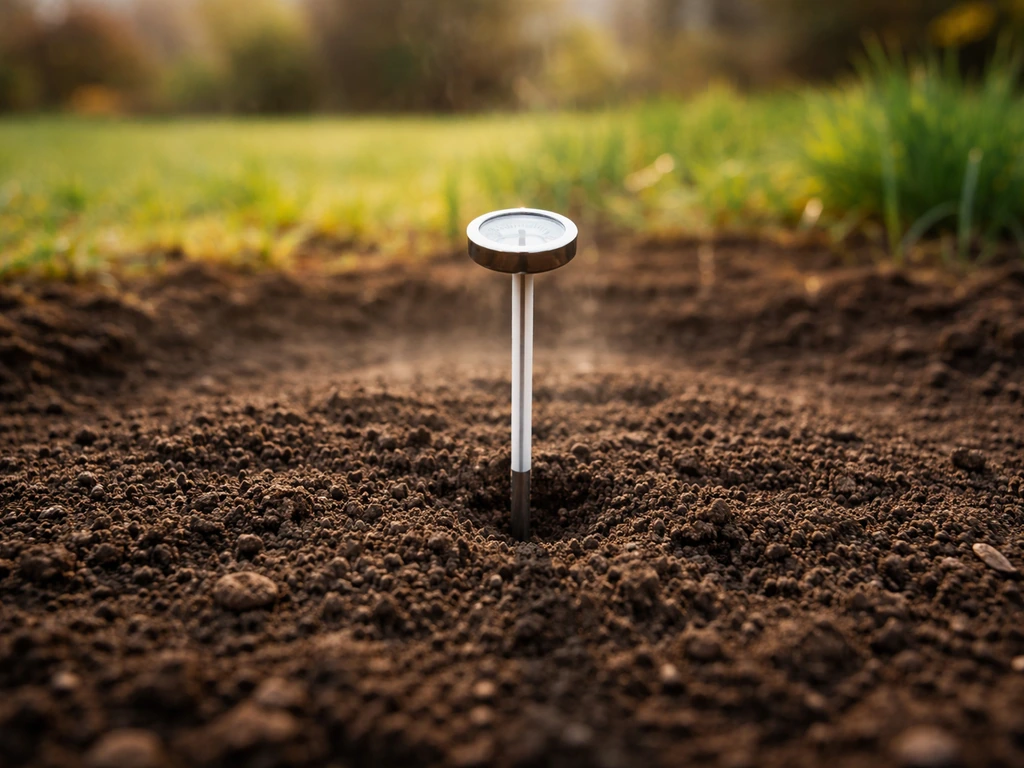 Soil thermometer probe in lawn soil with warming spring light and early grass sprouting