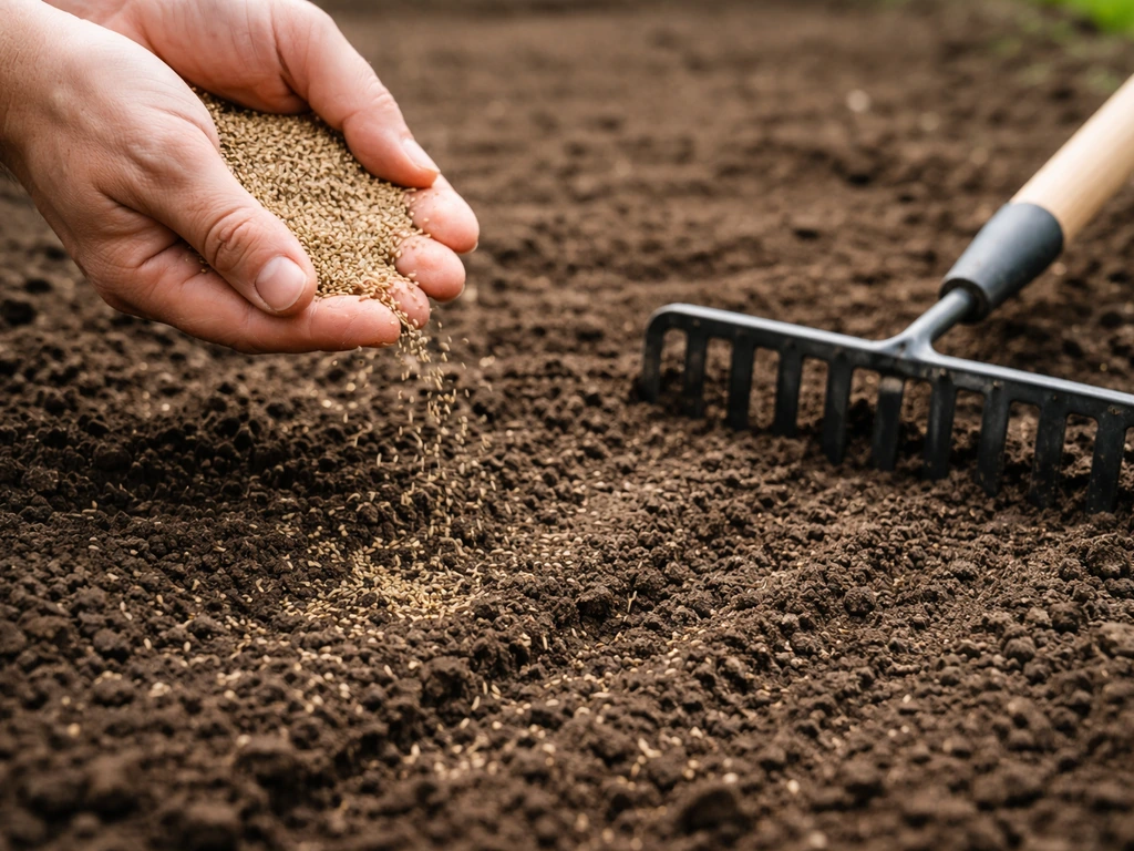 Grass seed being scattered and lightly raked into a shallow 5–10mm topsoil layer
