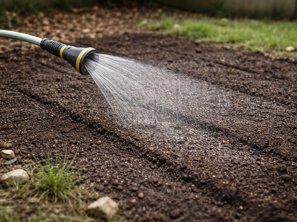 Sprinkler watering freshly sown lawn seedbed with damp soil, top layer lightly wet, no waterlogged pooling.