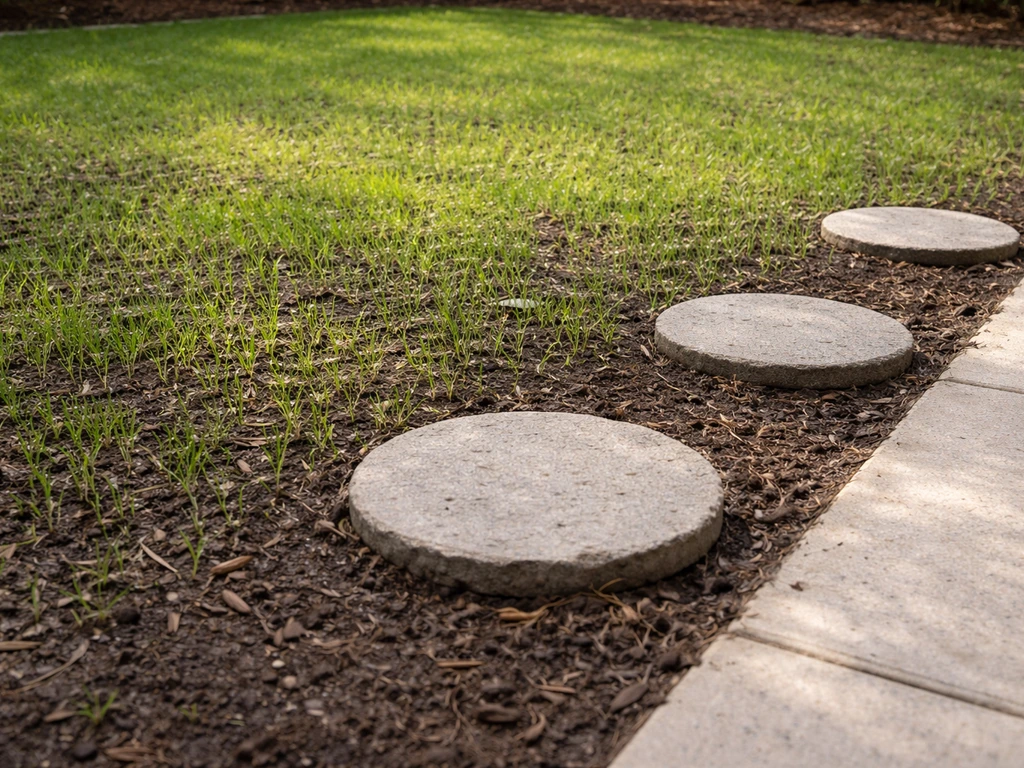Freshly sown backyard lawn with staged stepping markers indicating when it’s ready for light use and play.