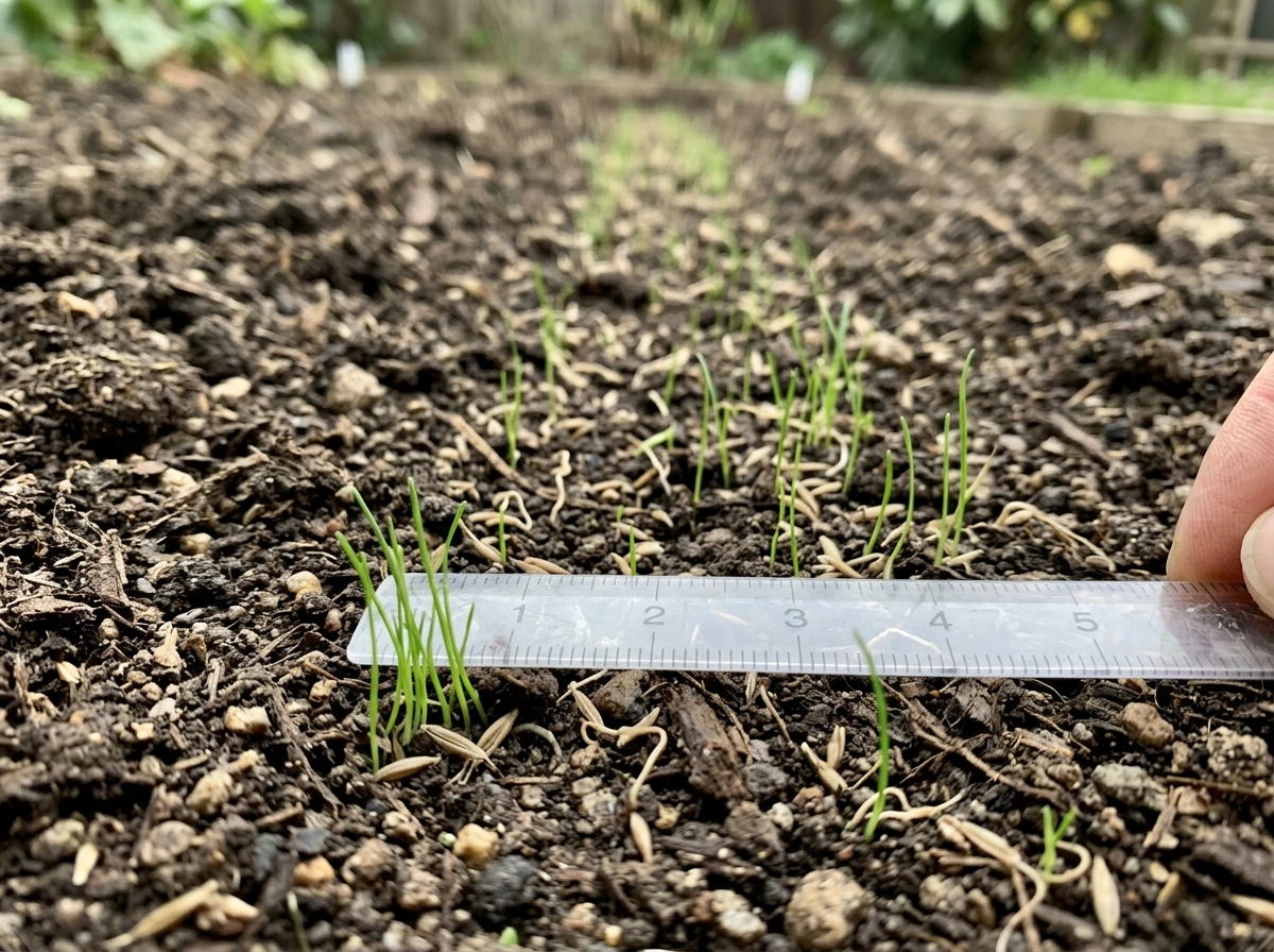 Couch grass seed bed showing first sprouting versus still-bare patches