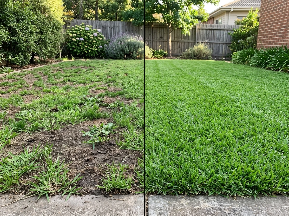 Side-by-side lawn coverage showing established vs fully mature look