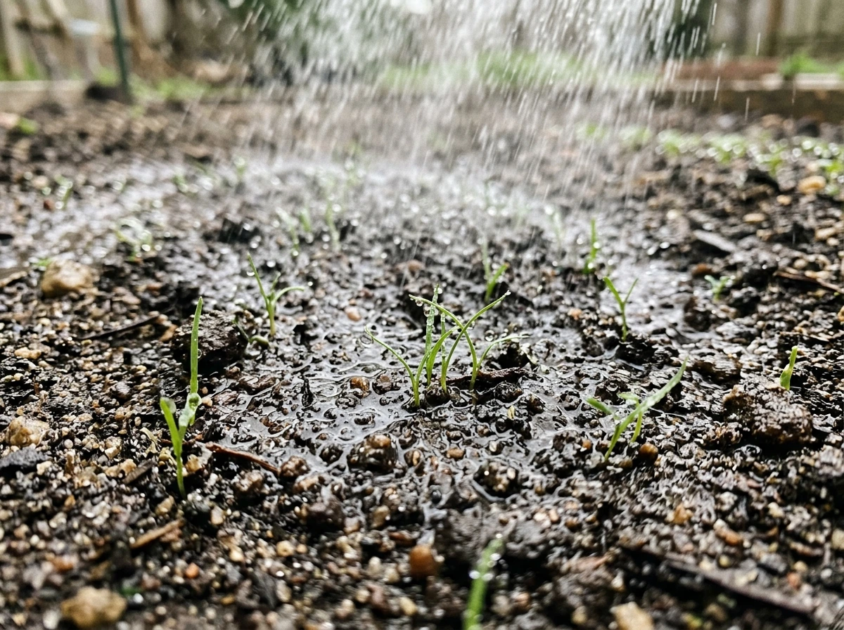 Moist soil surface with fine watering and early couch grass seedlings