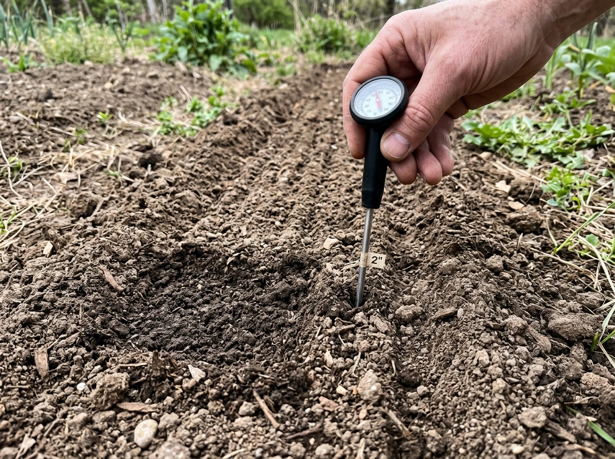 Soil thermometer inserted in seeded couch grass area for troubleshooting