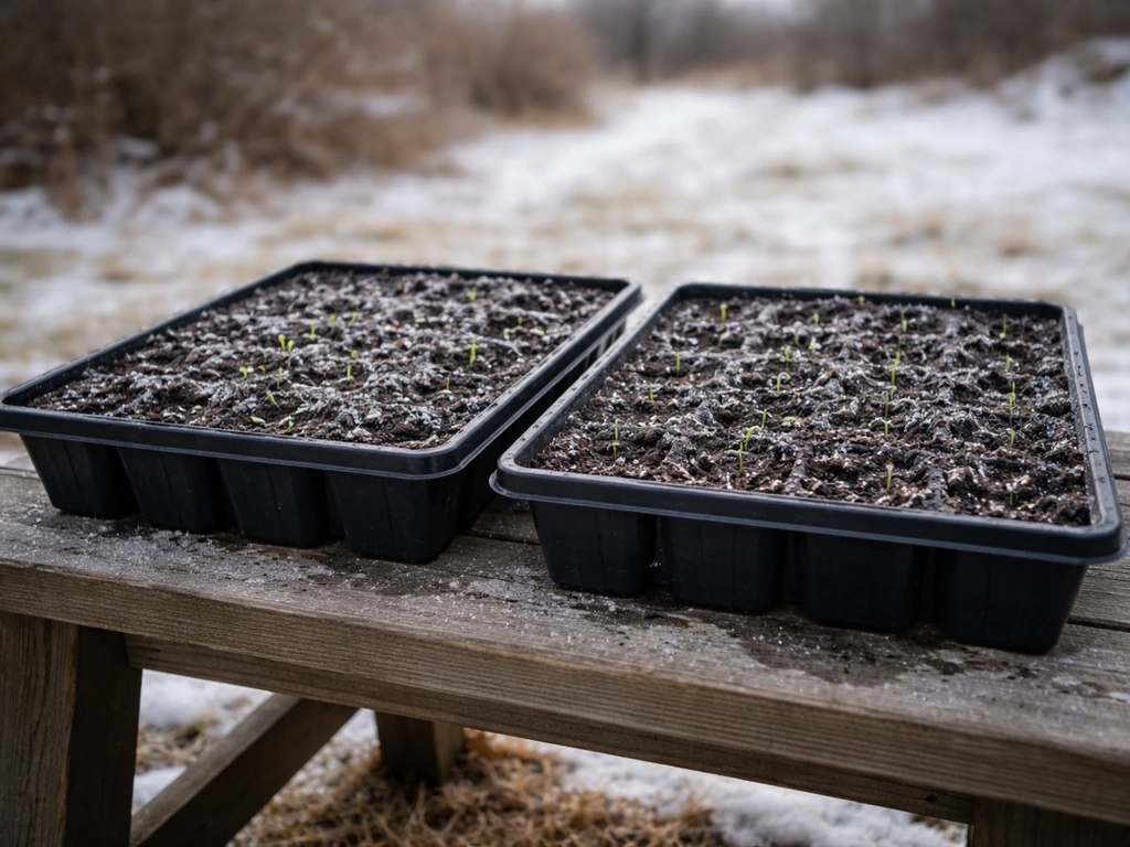 Outdoor winter seed-starting trays with soil and small sprouts under cold-season natural light.