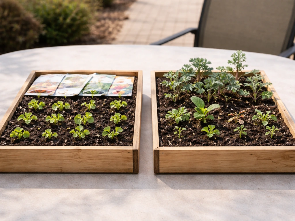 Two side-by-side seedling trays showing small greens at different growth stages in natural light.