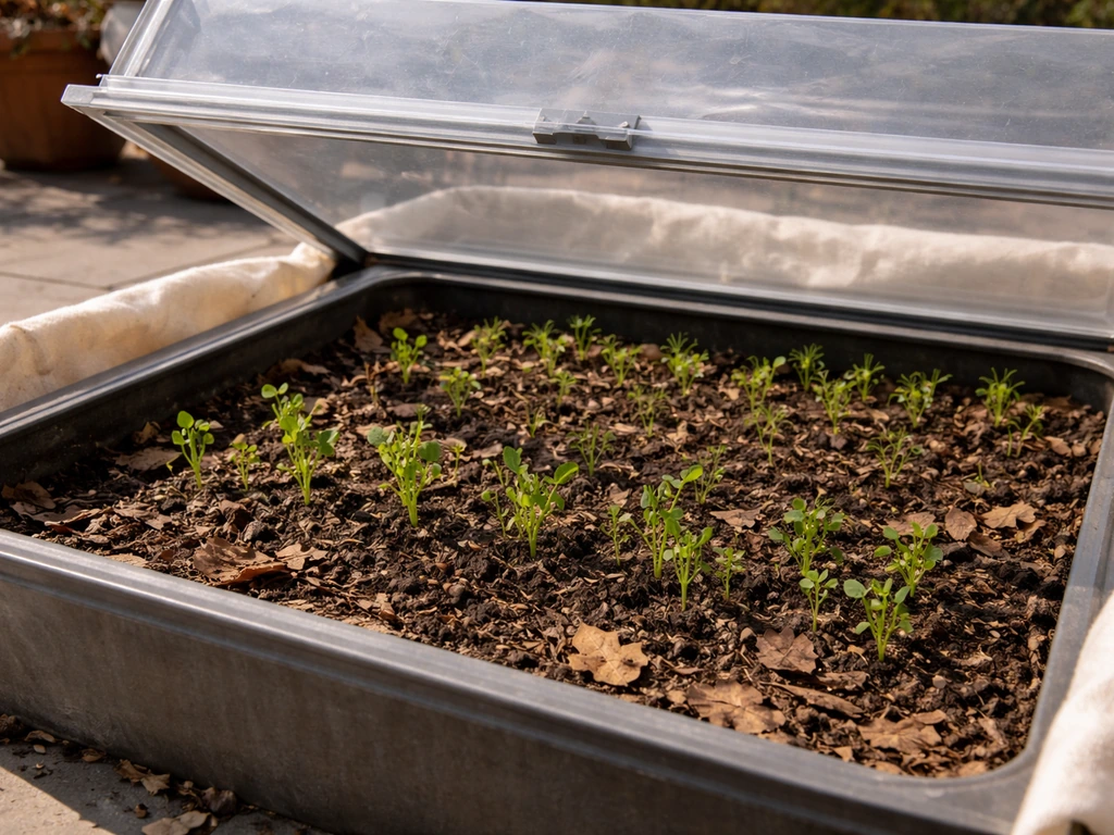 Winter container with clear cover and young pea and carrot seedlings emerging in south-facing sunlight.