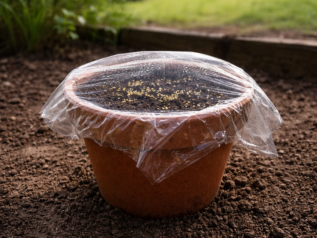 Outdoor pot with moist seed-starting medium covered with plastic, showing slow stratification setup for grasses.