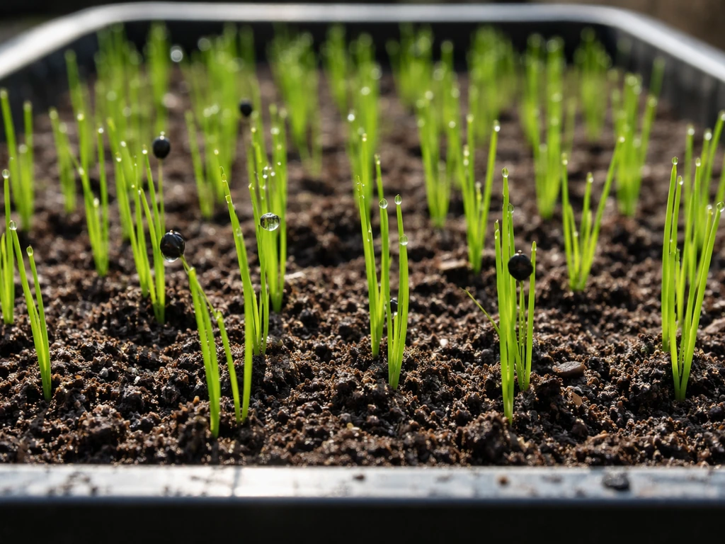 Allium seedlings sprouting in a seed tray, with textured soil and bright natural light.