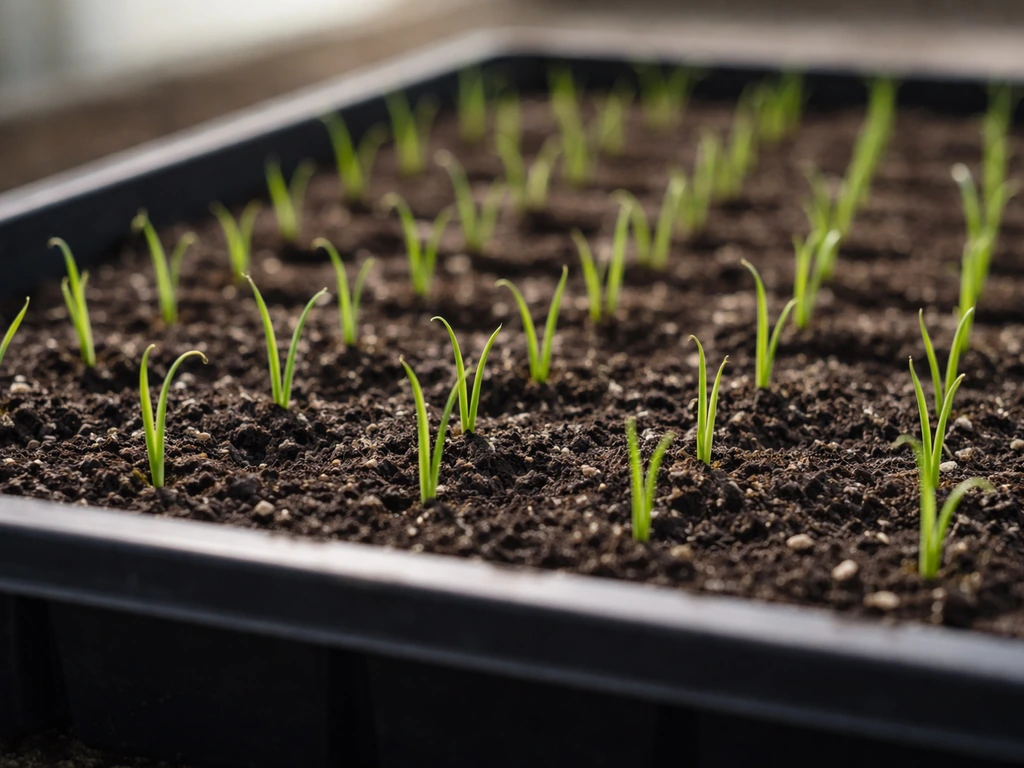 Minimal photo of seed tray and small green allium seedlings in soil, suggesting a seed-to-harvest timeline.