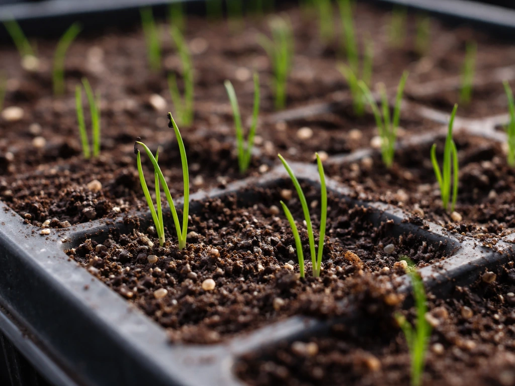 Close-up of tiny onion and leek seedlings in a seed tray, showing normal early grass-like growth.