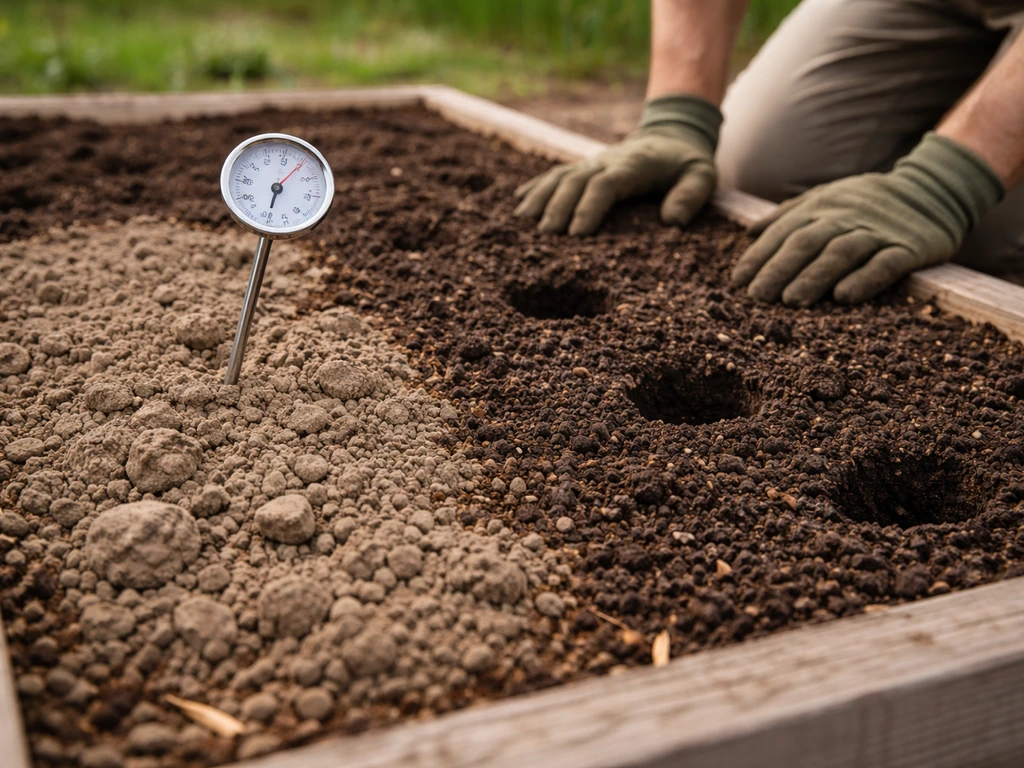 Gardener checks cool soil with a thermometer beside a planting bed showing dry crust vs moist, warm-ready soil.