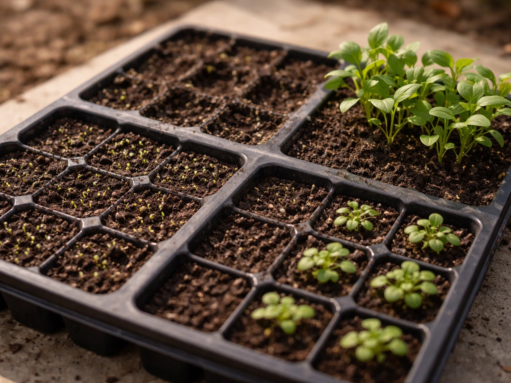 Seed tray showing early sprouts, mature seedlings, and harvested leafy greens in one simple scene.