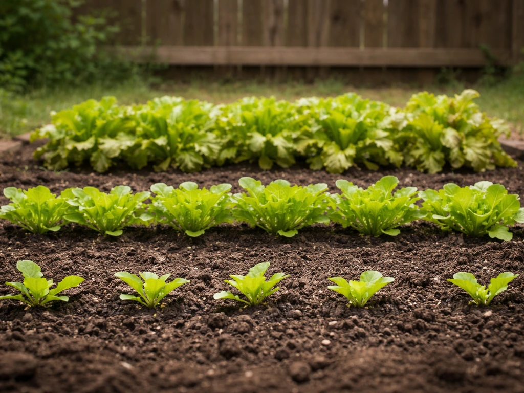 Close-up of a small garden bed with labeled rows of young seedlings in different growth stages