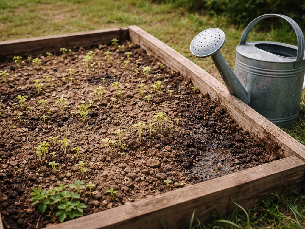 Mixed seed crop bed in a garden with stalled growth beside a watering can ready to water