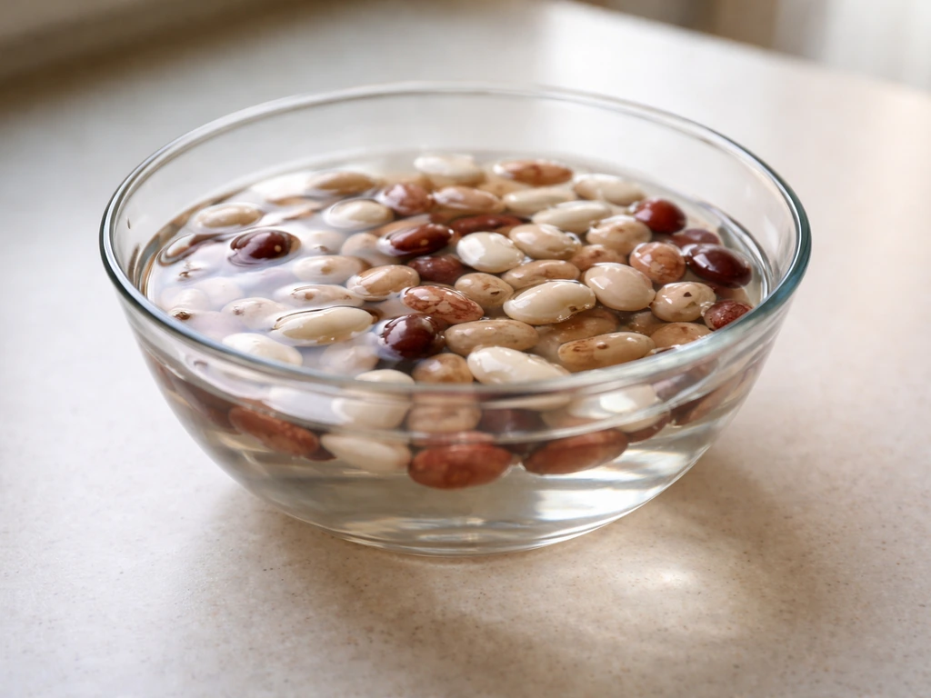 Glass bowl of water with bean seeds soaking on a kitchen counter in natural light