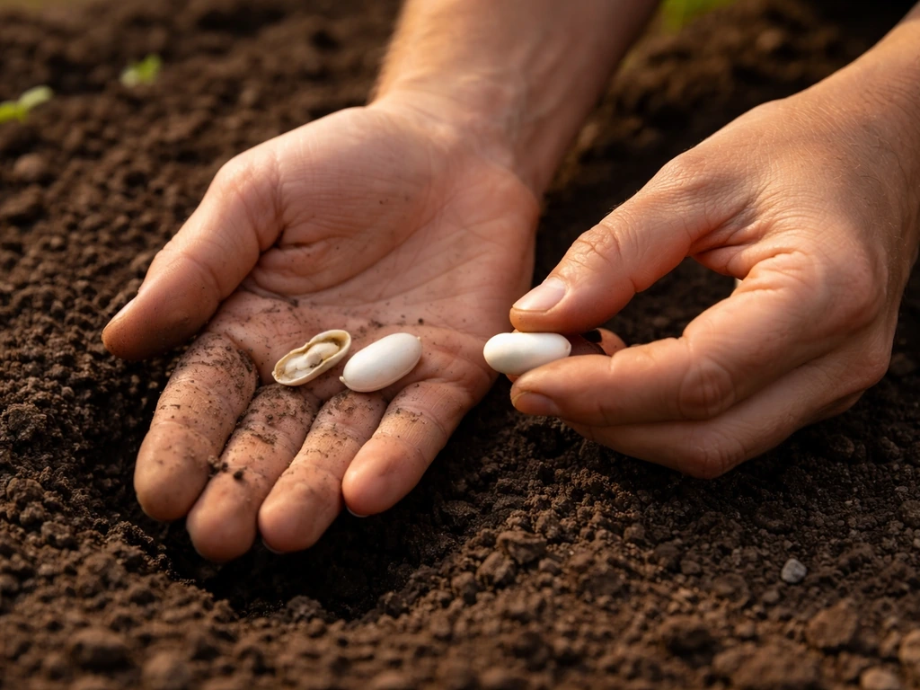 Gardener’s hands holding a questionable bean seed and a healthy seed in soil.
