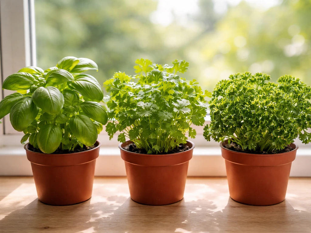 Basil, cilantro, and parsley in small pots on a sunny windowsill at first-harvest size