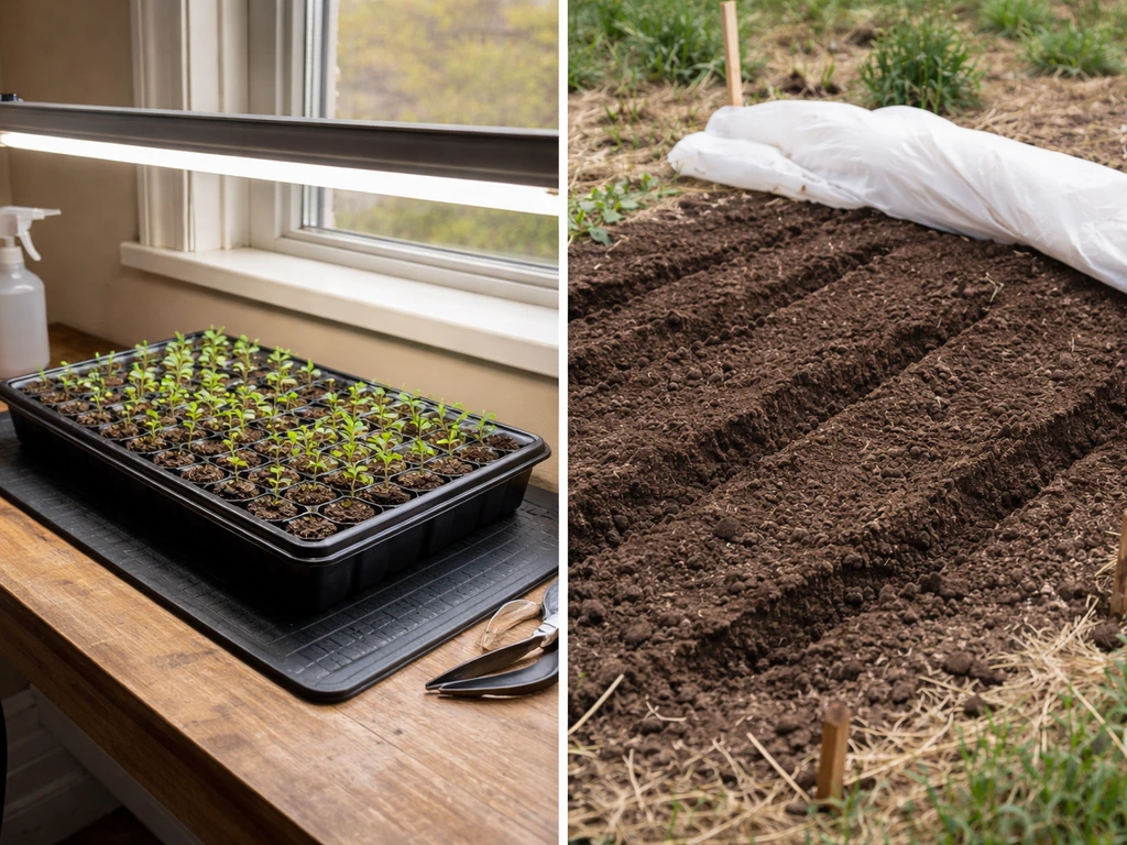 Split view: indoor herb seedlings on a heat mat under a grow light vs outdoor sowing bed with frost cover.