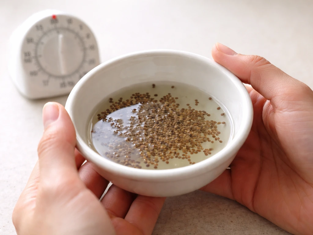 Hands soaking herb seeds in a small bowl of room-temperature water with a kitchen timer nearby.