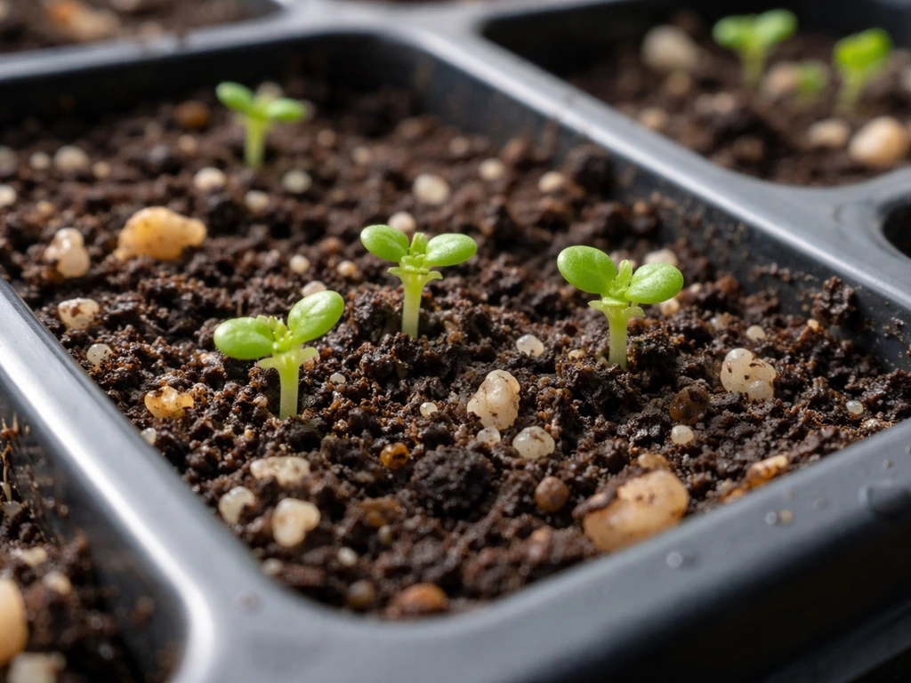 Close-up of tiny sedum sprouts emerging in a seed-starting tray from gritty seed mix.