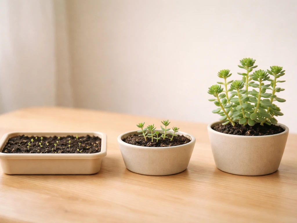 Minimal photo of a small sedum plant growing in stages from seed tray to flowering pot, timeline-like layout.