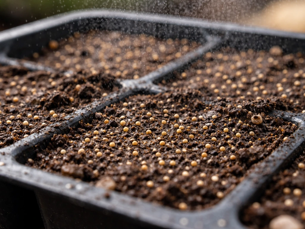 Macro view of tiny sedum seeds pressed into moist seed-starting mix with a fine mist from above