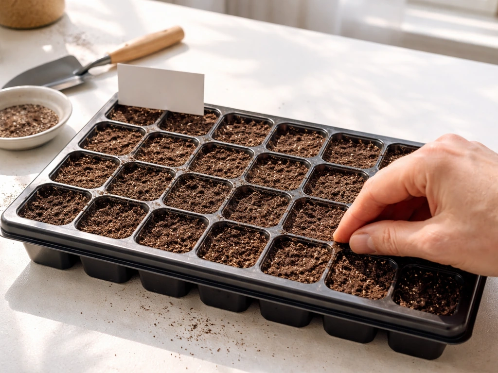 Overhead view of a seed-starting cell tray with fine soil and sedum seeds being pressed in indoors