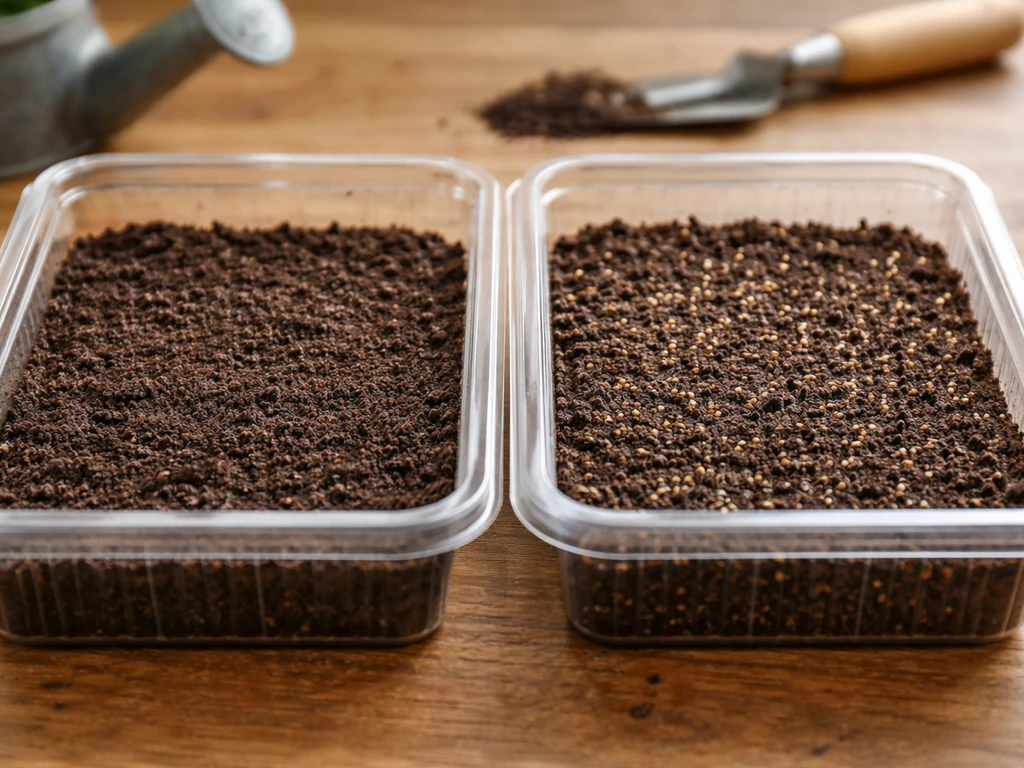 Two simple seed trays side-by-side: one covered with soil, one uncovered and pressed for light germination.