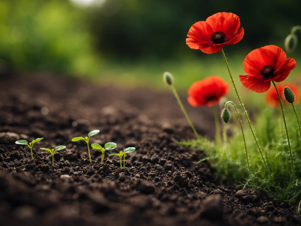 Close view of poppy seedlings and nearby fully bloomed red poppies in an outdoor garden bed.