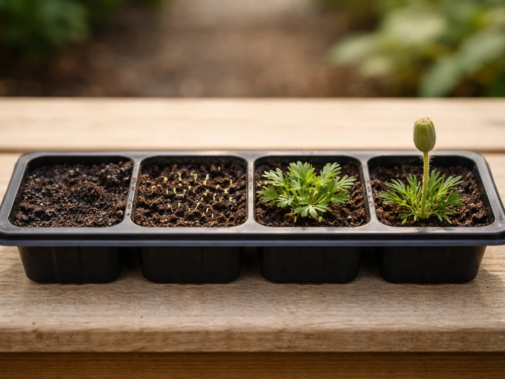 Close-up seed tray showing stages from seeds in soil to a small poppy sprout and first bud.