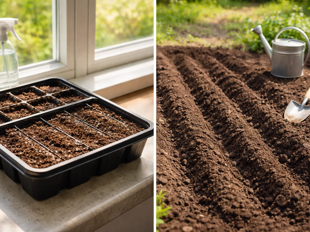 Split scene of indoor seed tray by a window and outdoor furrowed soil bed for direct sowing.