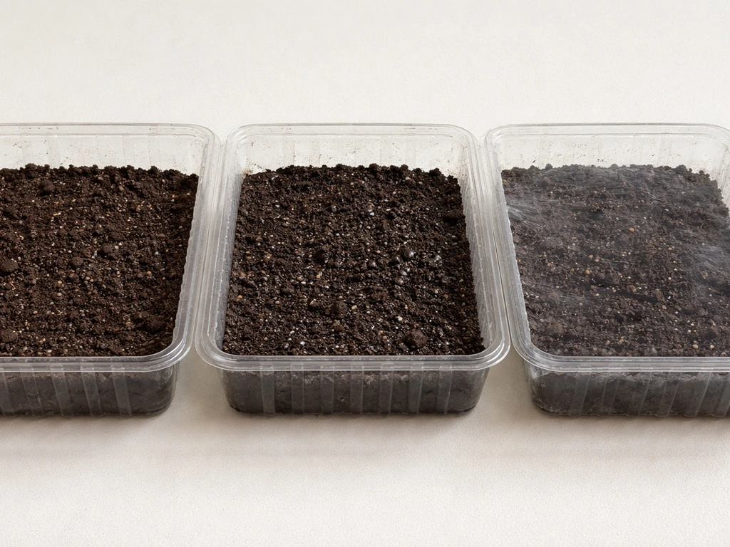 Three simple seed-starting trays showing shallow, too-wet, and too-cool germination conditions