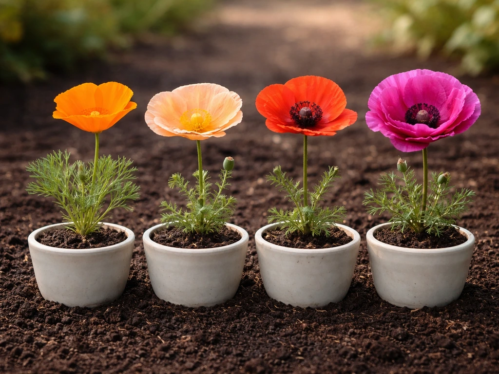 Four different poppy flowers on a simple garden soil tray representing common poppy types side by side.