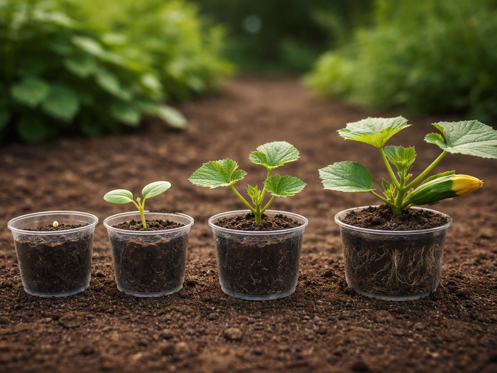 Zucchini seedling timeline shown with simple garden steps from sprout to first harvest in one clean frame
