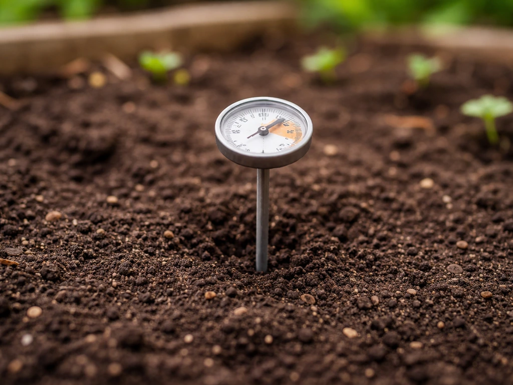 Soil thermometer inserted in planting medium with small seedlings blurred in the background.