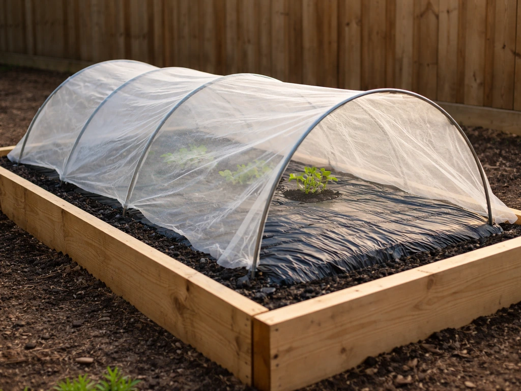 Garden beds covered with black plastic mulch and a low row tunnel of clear fabric, early zucchini seedlings.
