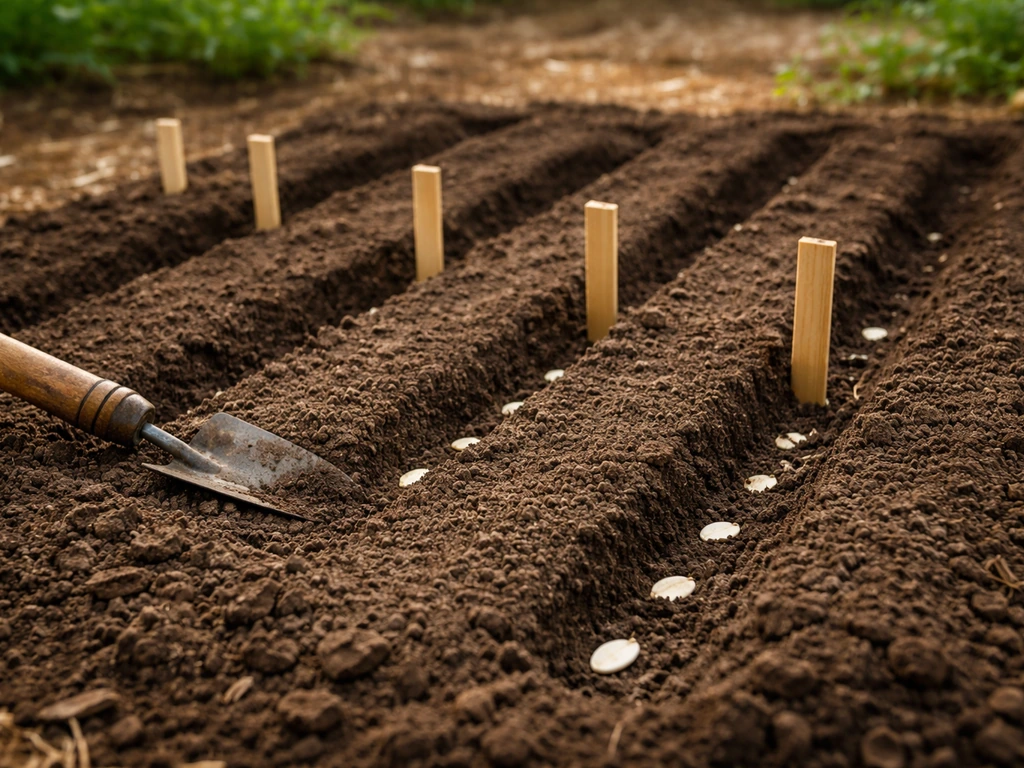 Close-up of small garden sowing rows with different planting date markers for staggered zucchini harvest.