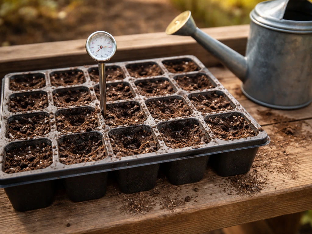 Soil thermometer in moist seed-starting medium beside empty seedling pots on a wooden bench