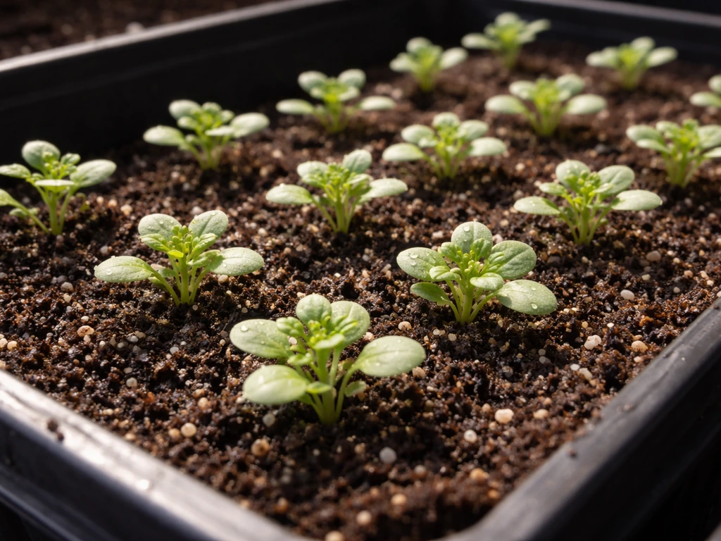 Close-up of sweet alyssum seedlings in a seed tray with small leaves and early bud hints.
