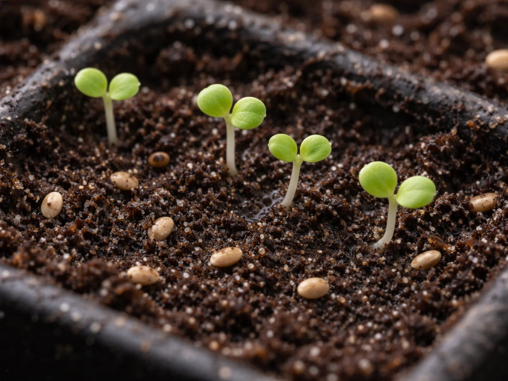 Close-up of tiny alyssum seedlings showing green cotyledons beside still-dormant seeds in seed-starting mix.