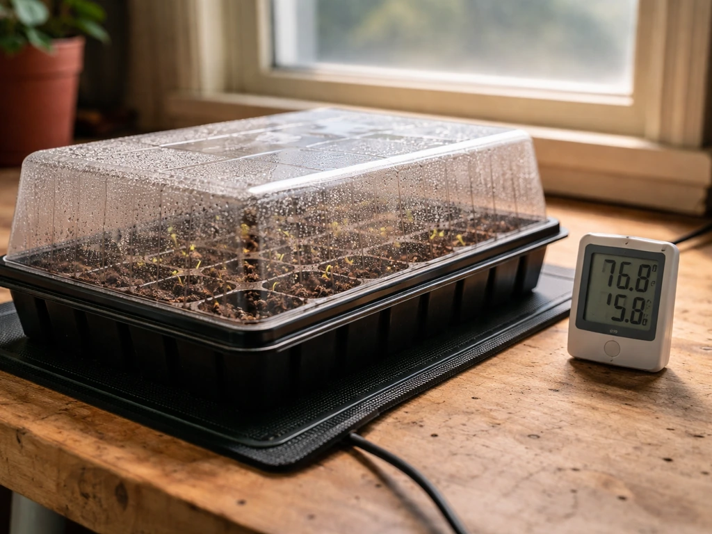 Seed trays on a heat mat with a thermometer beside them, showing optimal germination warmth setup.