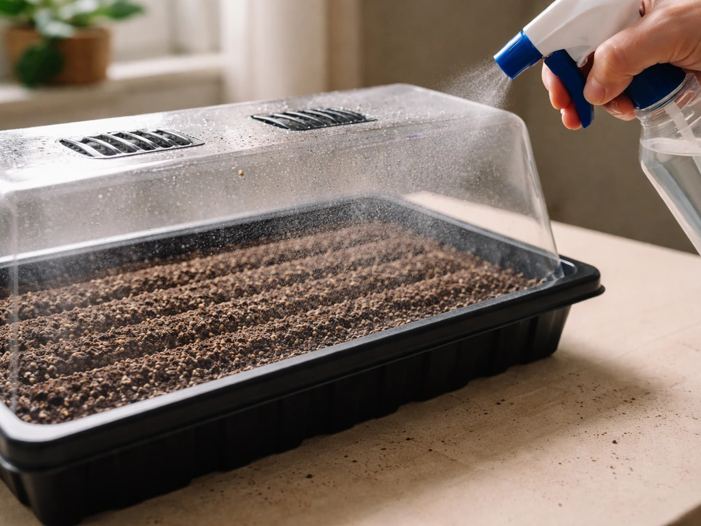 Sweet alyssum seeds in a seed tray under a vented dome, lightly misted for steady moisture and airflow.