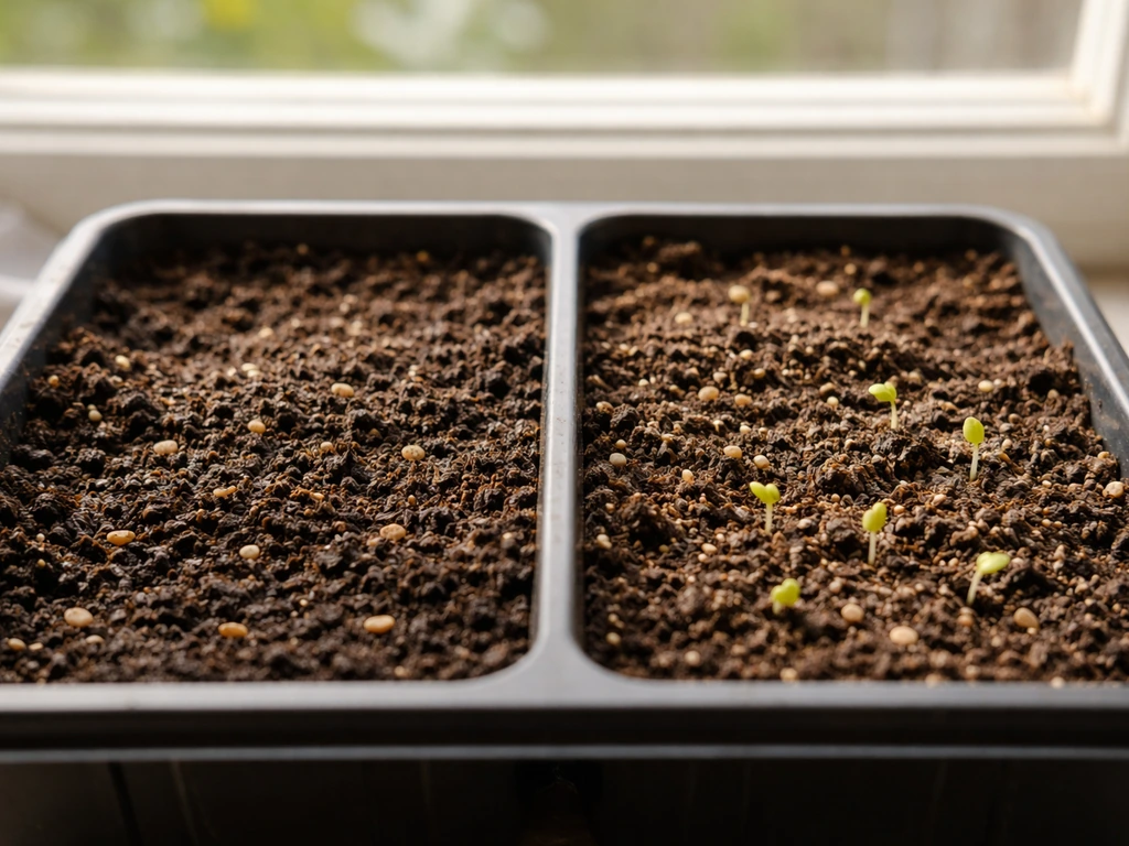 Split seed-starting tray: covered seeds with no sprouts on one side, lightly pressed seeds sprouting on the other.