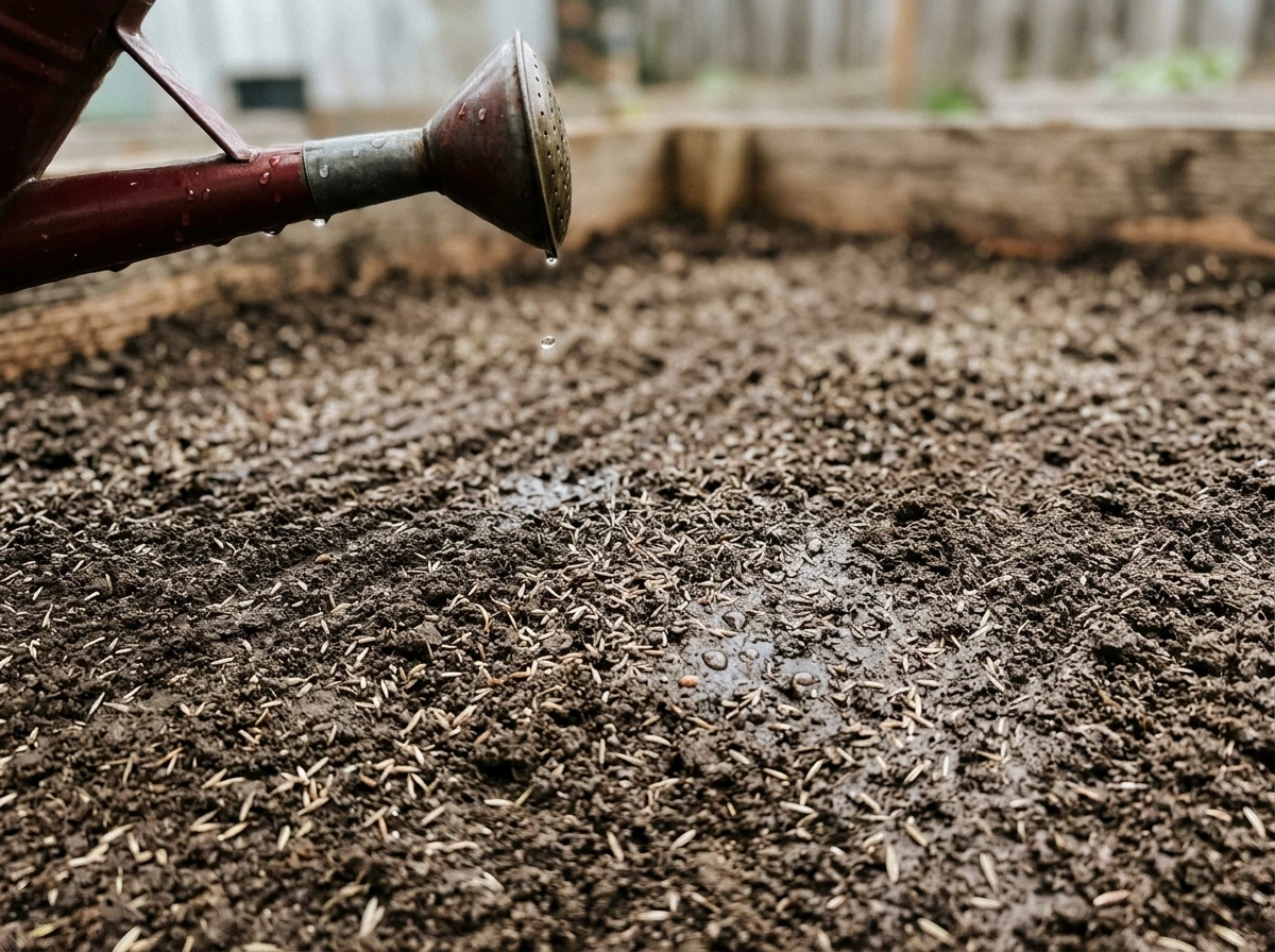 Newly seeded soil with no visible sprouts yet, early growth stage